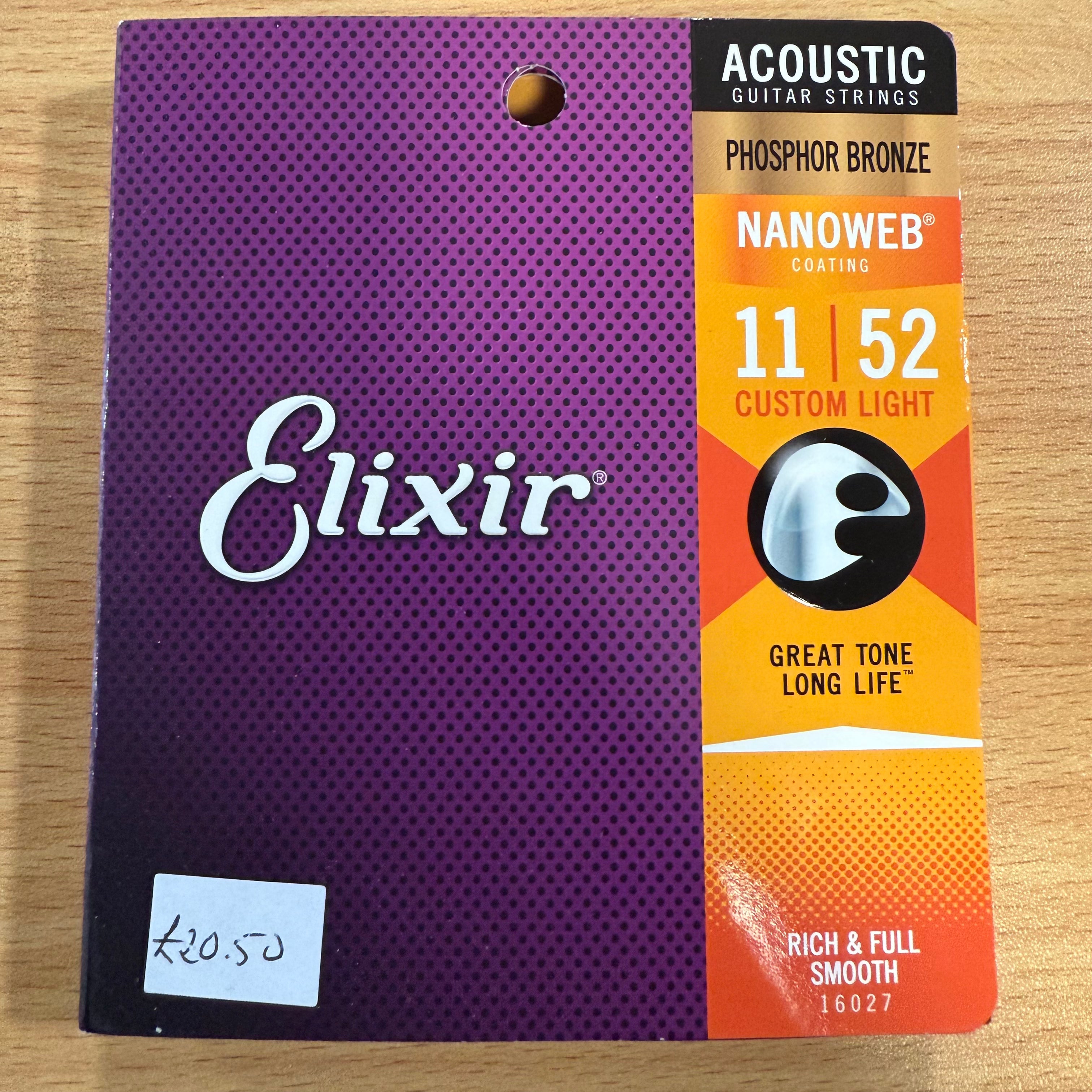 Elixir 16027 NANOWEB Custom Light Phosphor Bronze Strings, 11-52